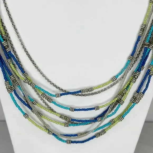Chico's Multi Strand Seed Bead Necklace Blue Green Silver Tone Long ✨ - Picture 3 of 9